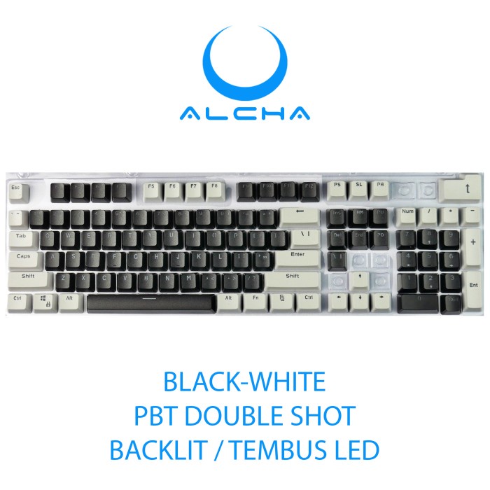 SALE..!!! ALCHA KEYCAPS PBT DOUBLE SHOT WARNA MECHANICAL KEYBOARD - BLACK-WHITE