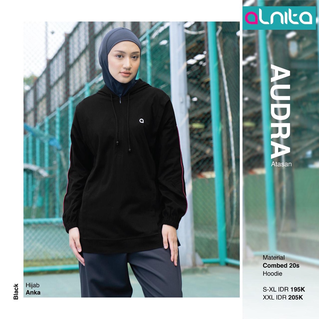 Alnita Atasan Olahraga Audra Bahan Combed 20's Atasan Wanita Olahraga Muslimah Hoodie Simpel Kekinian bisa COD