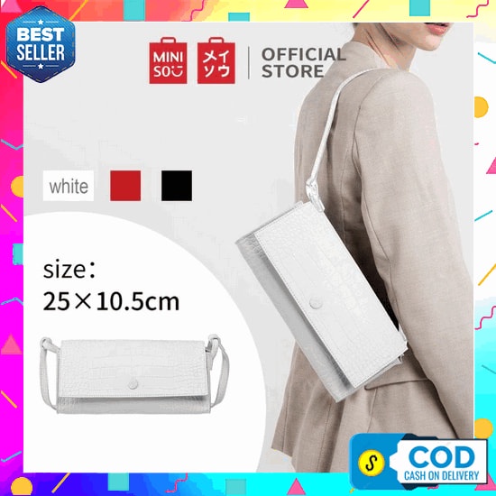 0 Miniso Tas Selempang Wanita Sling Bag Tas Bahu Rantai Kulit Motif Batu - Putih