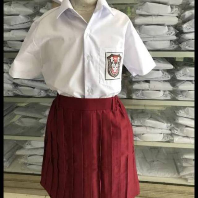 Rok seragam sekolah plisir merah pendek karet kantong besar / rok plisir SD famatex