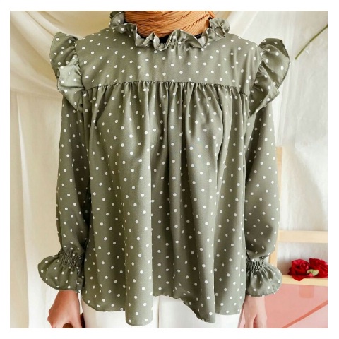 Betric Blouse Wanita / 5018 Polka  Atasan Ruffle Polkadot LEngan Panjang Wanita - RBJG