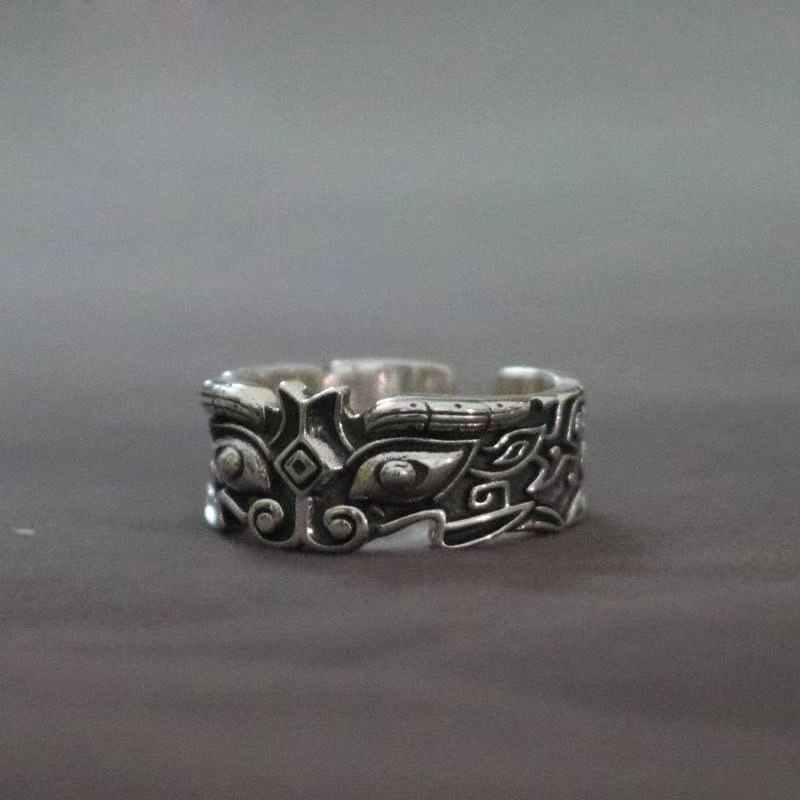 Taotie Cincin silver Motif Wajah Hewan Gaya retro Untuk Pria