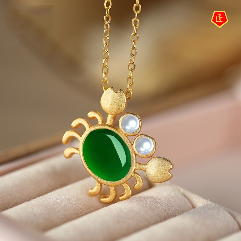 [Ready Stock]Little Crab White Jade Necklace Green Chalcedony Pearl Gold Necklace