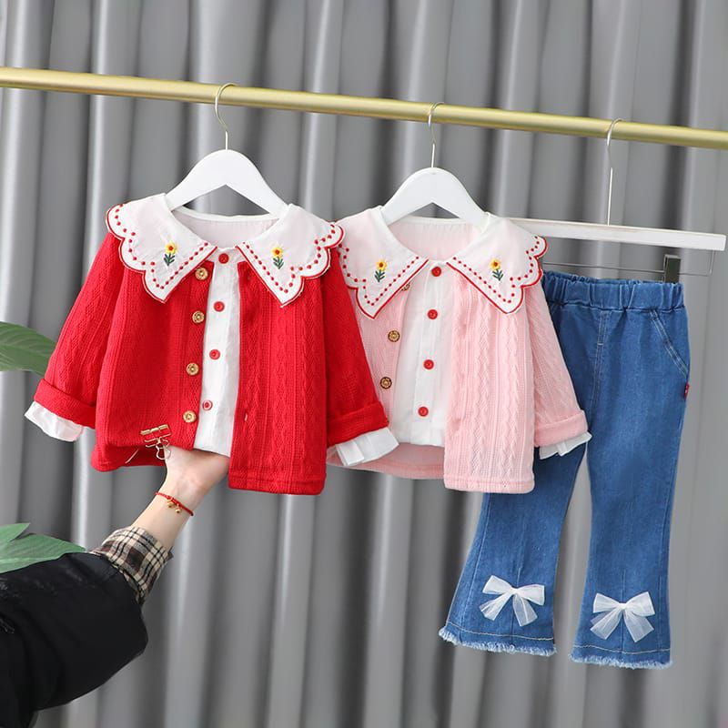 Setelan CELANA JEANS + BLOUSE VEST RAJUT  BRENDA anak cewek import 1-5 tahun/  Setelan Baju 3in1 Anak Perempuan  sweater rajut /  Setelan sweater rajut Anak Import Korea  /  Baju Anak Perempuan Korea Style