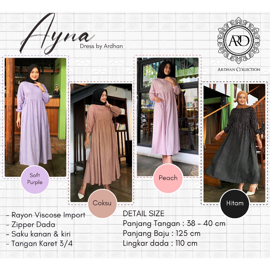 [ARDHANFASHION.ID] AYNA NEW BATCH -  Casual Daily Dress Gamis Long Tunik Motif Garis Vertikal Bahan 