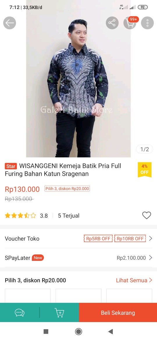 Wisanggeni Kemeja Batik Pria Full Furing Bahan Katun Sragenan