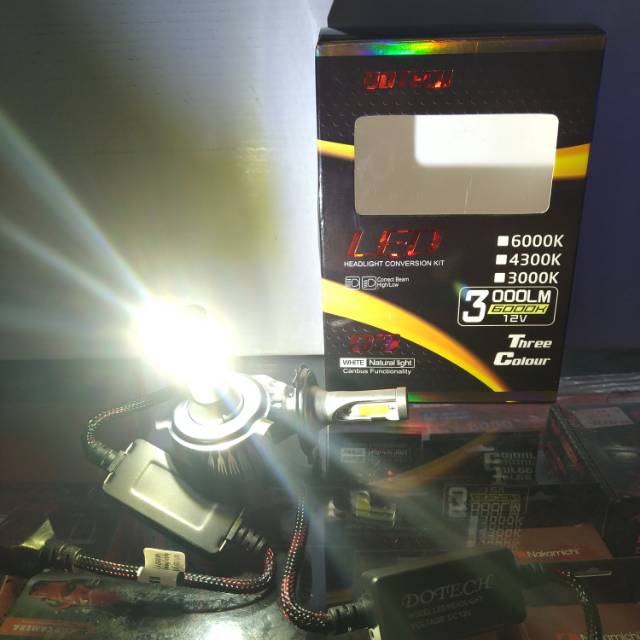 LAMPU LED H4 LED 3 WARNA MERK DOTECH BERGARANSI SET 2 PCS