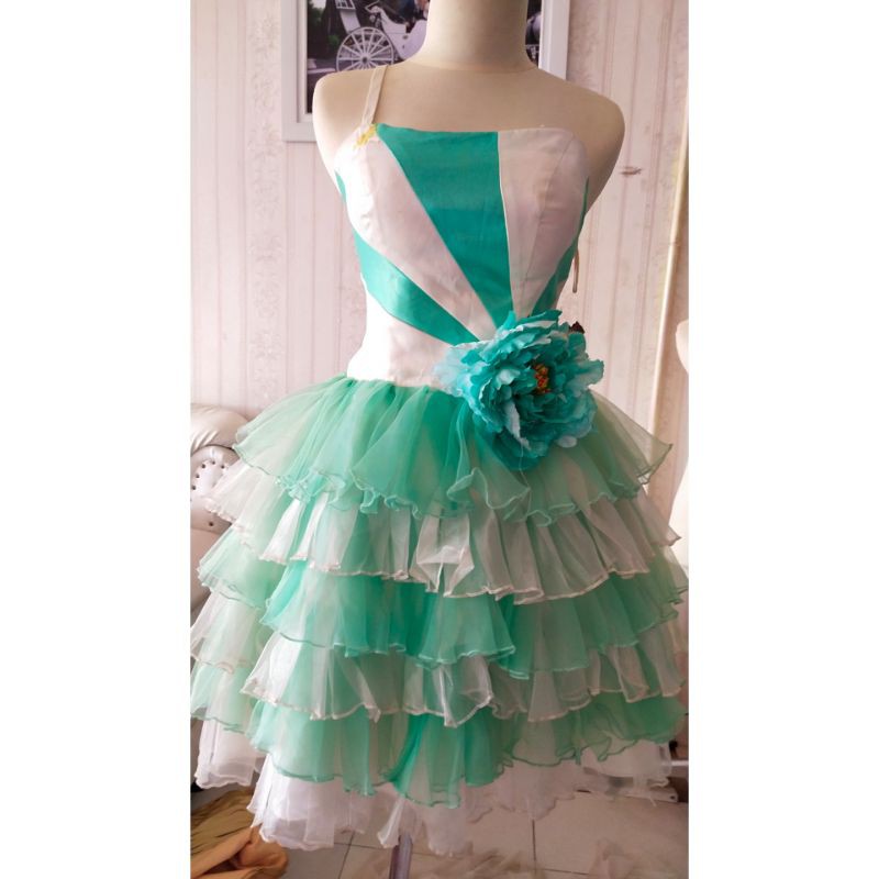 Mini dress mint mix white / gaun pesta second / gaun sweet seventeen preloved