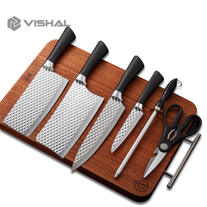 VISHAL 6 in 1 Set Pisau Dapur Damascus Pattern Meat Knife Cleaver Pisau Daging Stainless Steel