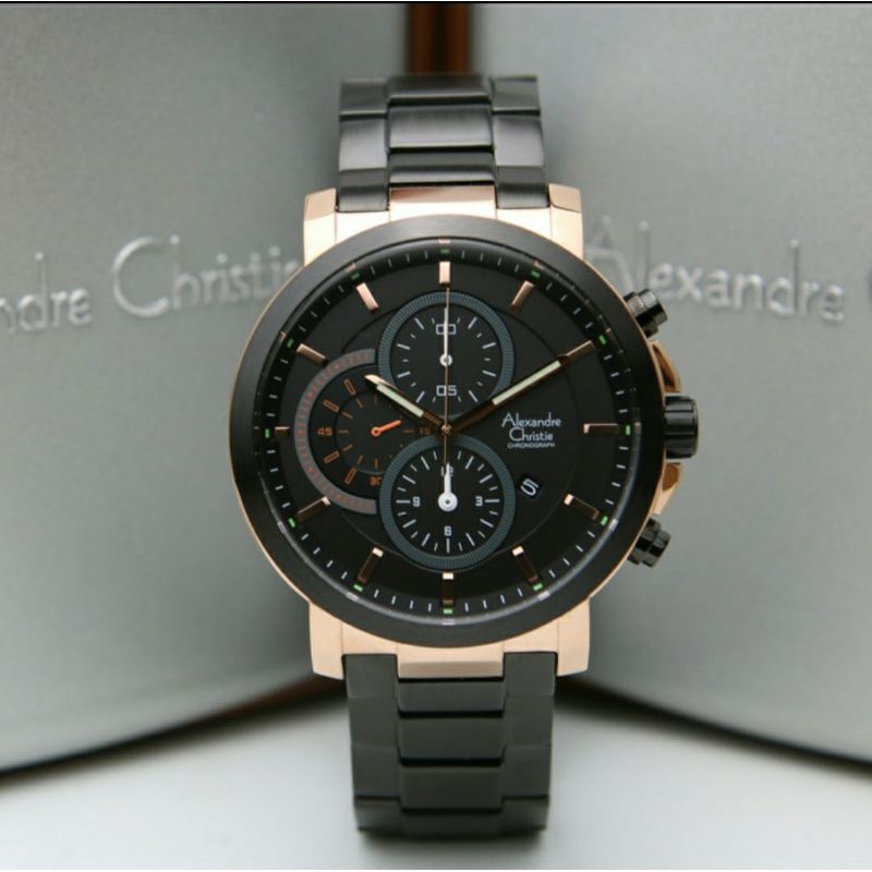 ORIGINAL GARANSI RESMI JAM TANGAN PRIA ALEXANDRE CHRISTIE BLACK ROSE GOLD RANTAI STAINLESS STEEL COW
