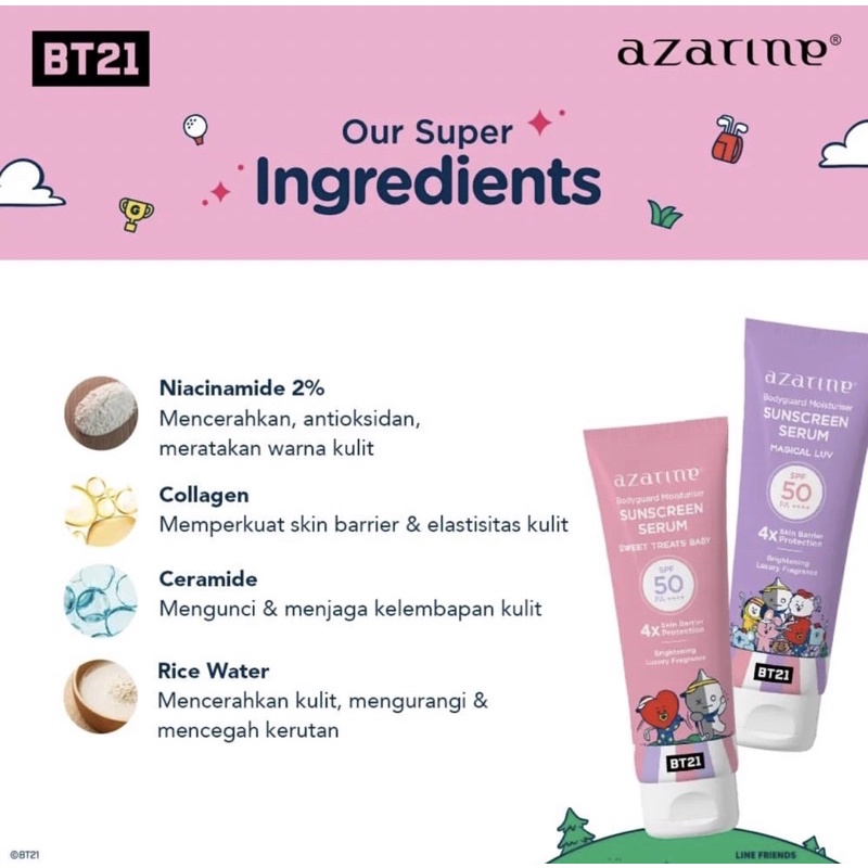 READY! SUNSCREEN SERUM BT21 AZARINE SUNSCREEN SERUM BTS BT21 SUNBLOCK SUNCREEN LOTION BADAN AZARINE BODYGUARD BODY SERUM 100ml - SUN O'CLOCK / SWEET TREATS BABY / SUNPROOF MONSTER / MAGICAL LUV / YOUNG &amp; FREE TABIR SURYA BADAN