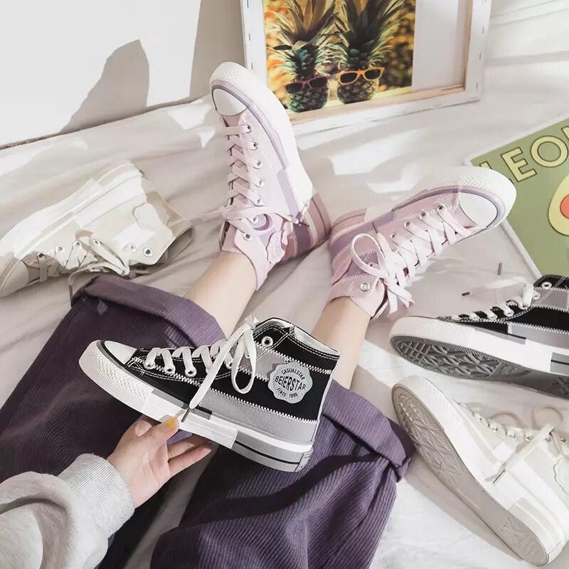 IDEALIFESHOES Sepatu Wanita Sneakers Import Korea cewek High Top Kanvas Warna pink Hitam putih murah