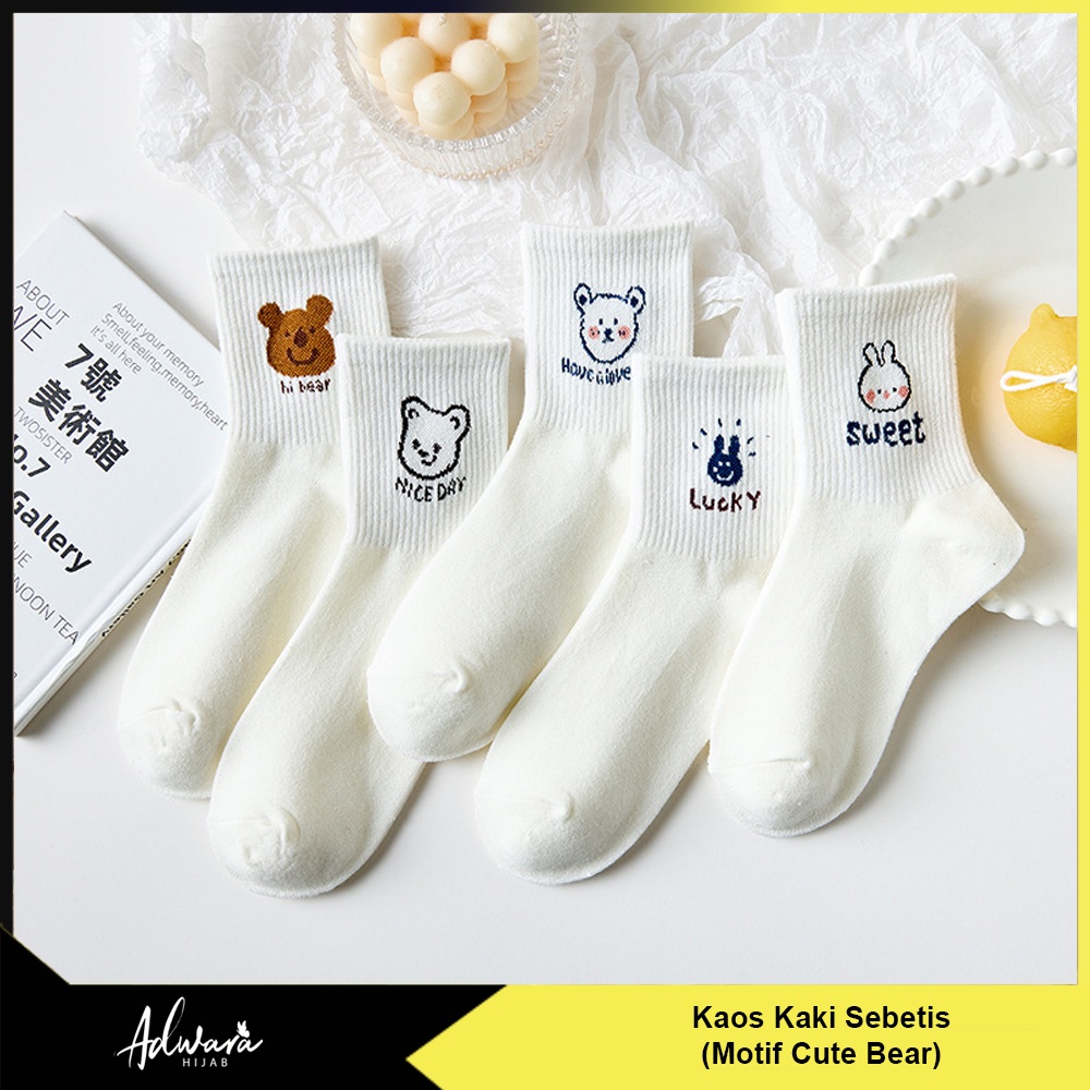 Kaos Kaki Wanita Panjang Sebetis Motif Beruang Warna Putih  / Kaos kaki Putih Motif Cute Bear Japan Style Sock