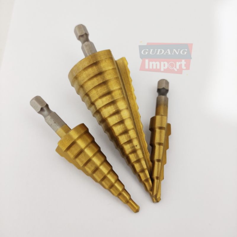 STEP DRILL DRIL MATA BOR PAGODA KERUCUT PEMBOLONG BESI KAYU PLASTIK HOLESAW SET ISI 3