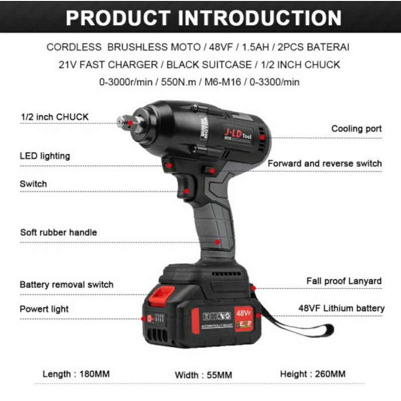 Pembuka baut ban mobil JLD 550NM impact wrench cordless 2 batrei 88vf terkuat