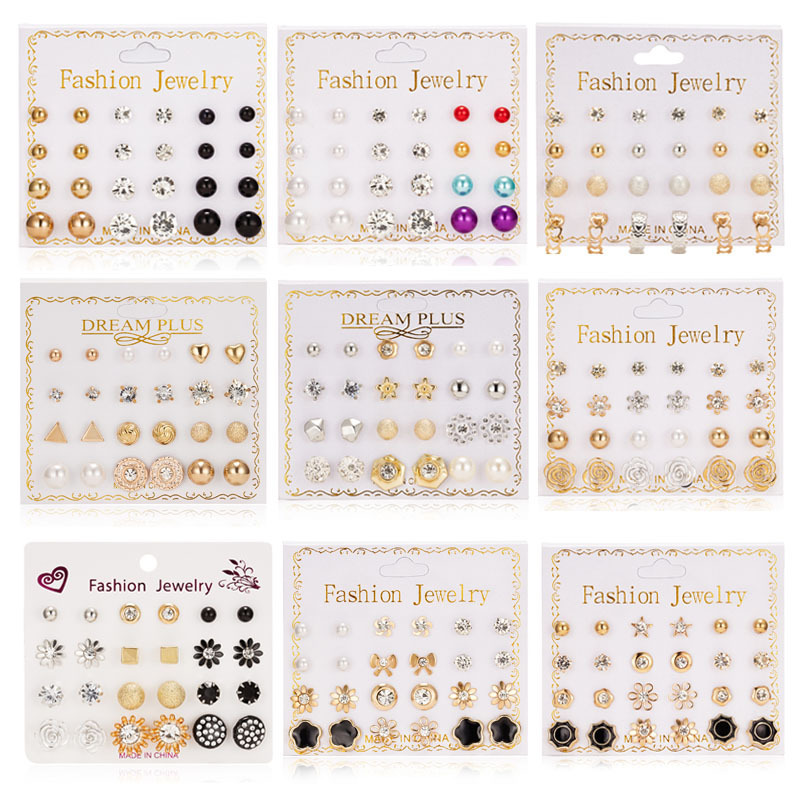 12 Pasang / set Anting Tusuk Desain Bunga / Pita Hias zircon / Mutiara / Berlian Serbaguna Untuk Wanita