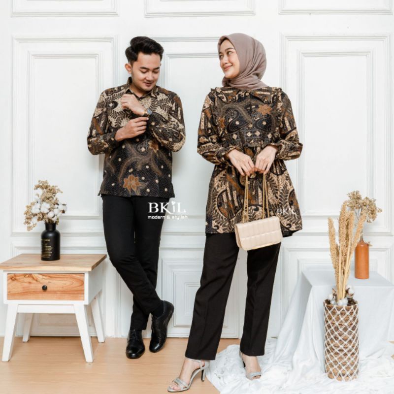 Batik couple keluarga couple batik blues kemeja dan gamis modern size M L XL XXL