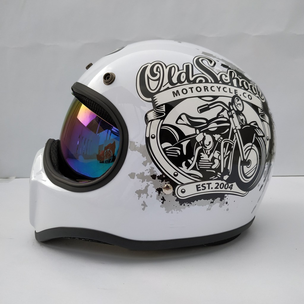 Helm Cakil HBC New Old School White + Inner Visor ( Fullface / Retro / Klasik / Vespa )