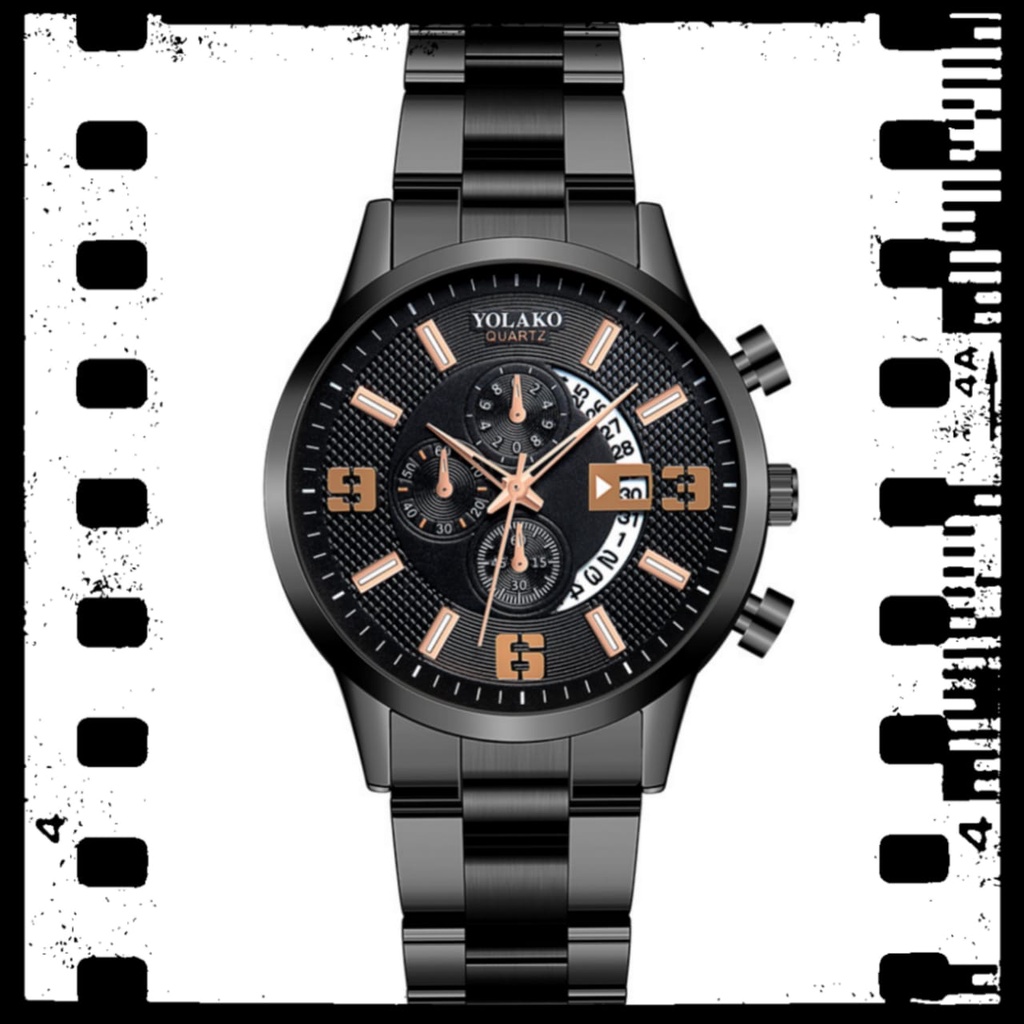 JAM TANGAN PRIA ORIGINAL BRANDED YOLAKO RANTAI HITAM LUXURY RALINHO JAM092B5 STAINLESS BESI ANTI AIR PREMIUM MURAH COWOK KEREN IMPORT ORI