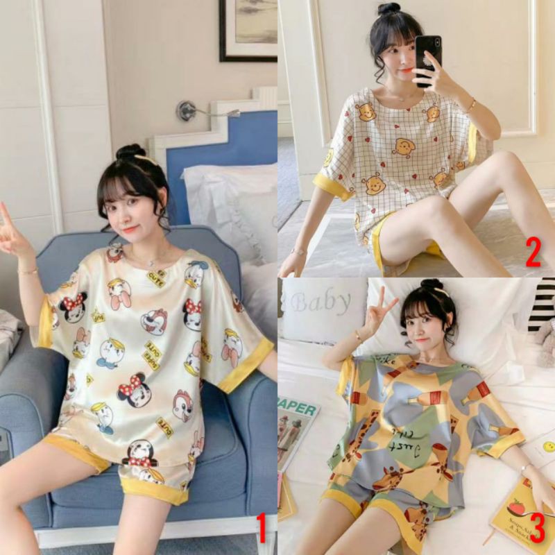 baju tidur hotpants satin import kancing lima renda