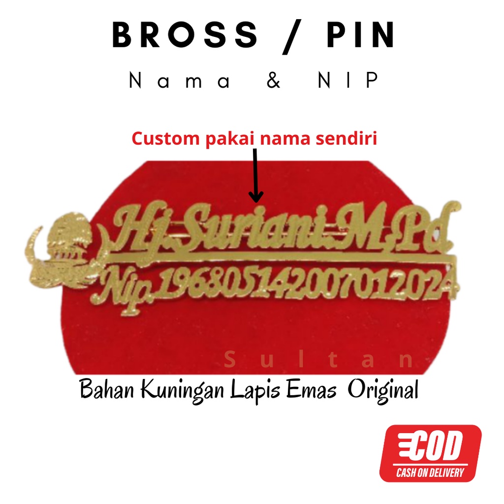 Bros Nama &amp; NIP  Pin Nama dan NIP Kuningan Lapis Emas