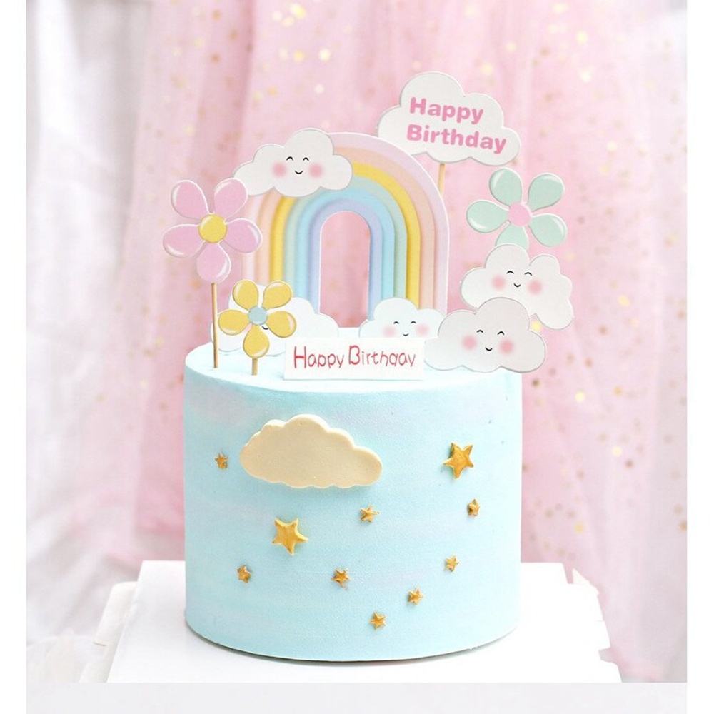 【COD Tangding】7pcs / set Kartu Dekorasi Kue Ulang Tahun DIY Bentuk Bunga / Bintang / Smile / Awan / Pelangi