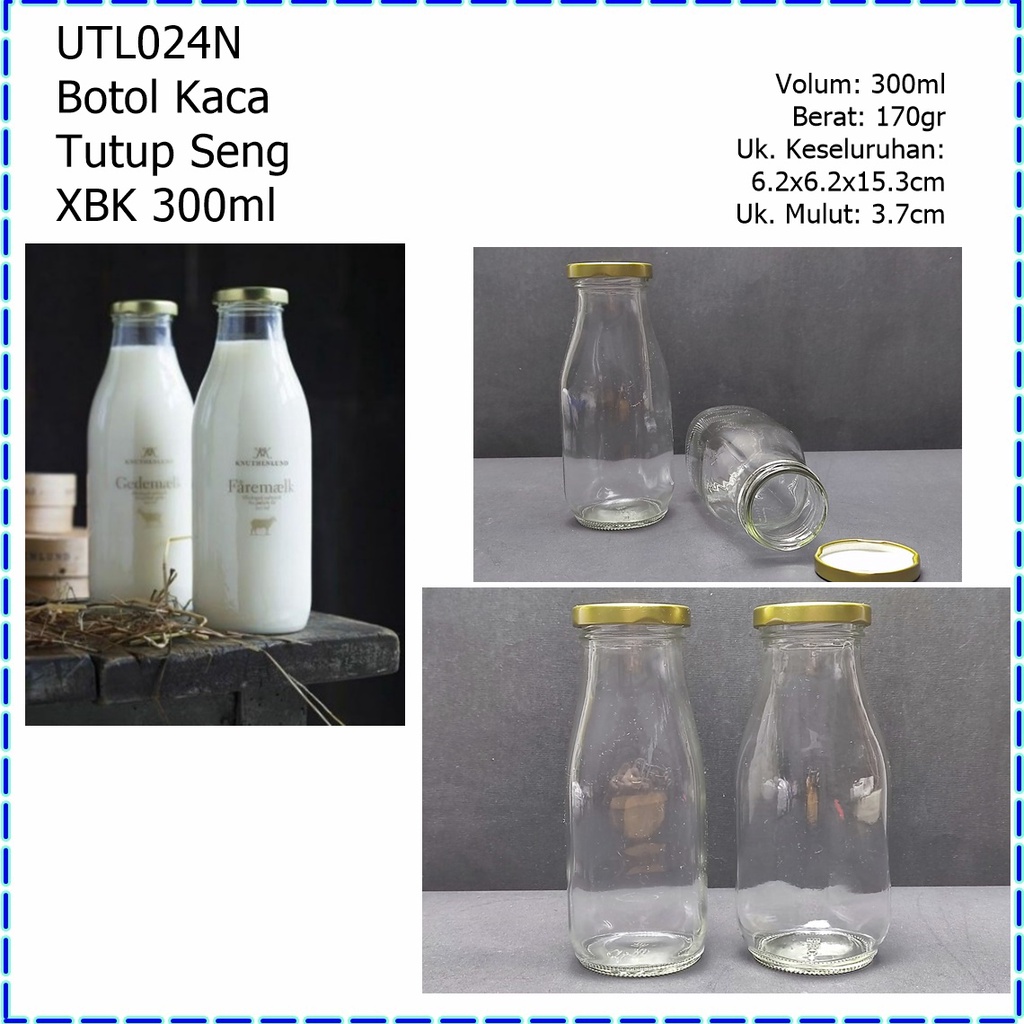 UTL024N Botol Kaca/Botol Susu/Botol Madu/Botol Jus Kaca TEBAL Tutup Seng XBK 300ml