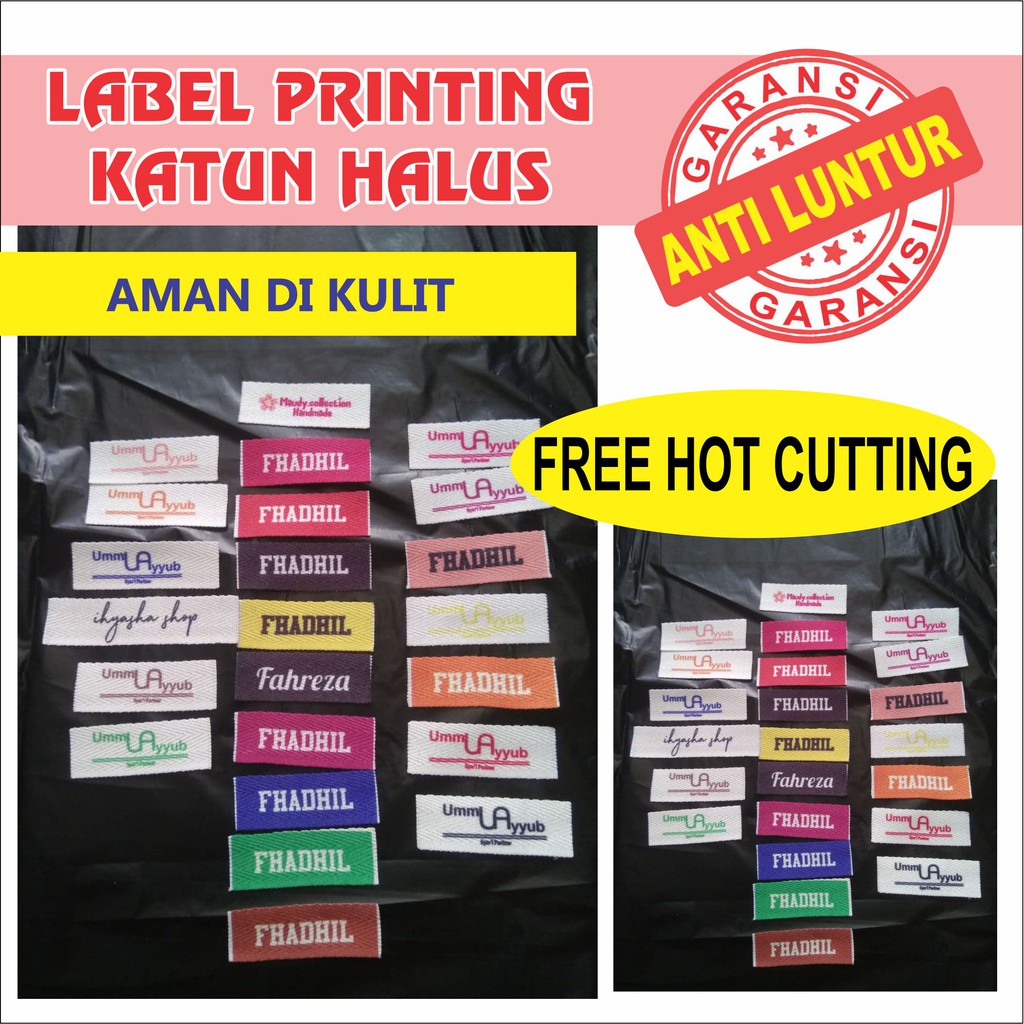 

(isi 50) Label Hijab Baju dan Masker bahan katun printing uk 1,3cm 1,7cm / pengganti woven damask ANTI LUNTUR