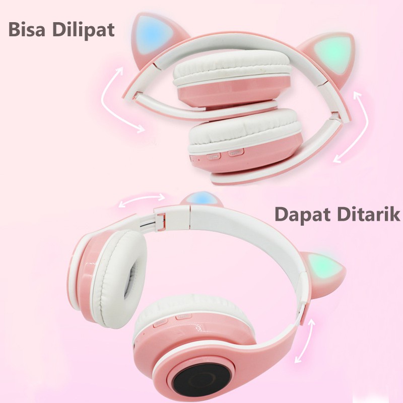 B39 Headset Bluetooth Telinga Kucing Headphone Lucu LED Wireless Headset Gaming Telinga Kucing Headset Anak Motif Kuping Kucing Bando Model Telinga