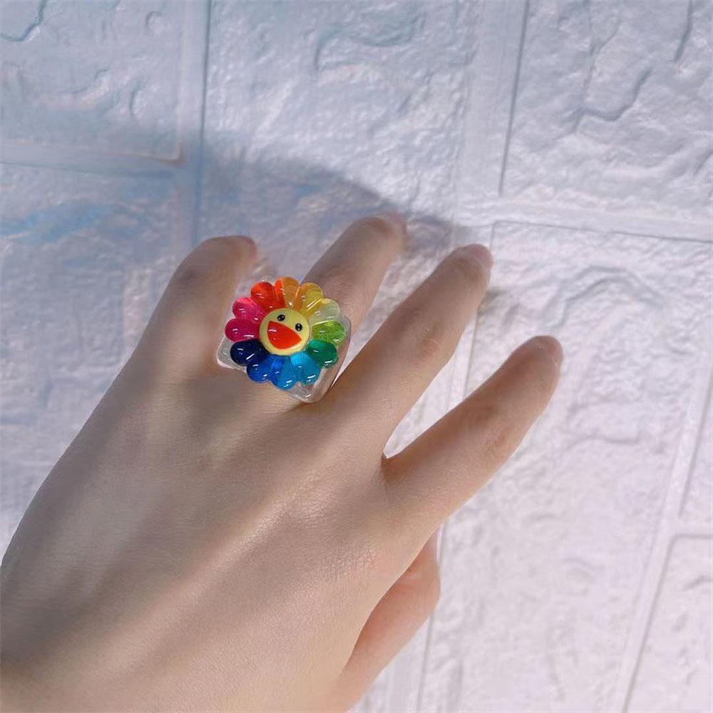 Needway Cincin Korea 2021gaya Baru Bunga Matahari Bunga Smiley Resin Geometris Fashion Perhiasan