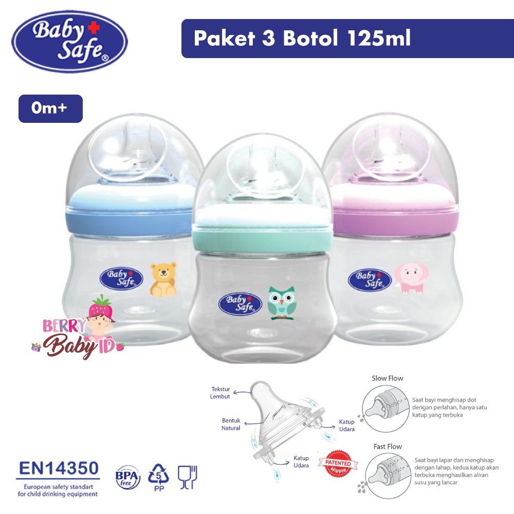 Baby Safe Bottle Set 3pc Botol Susu Bayi Wide Neck 125ml 250ml 0m+ 3m+ Berry Mart