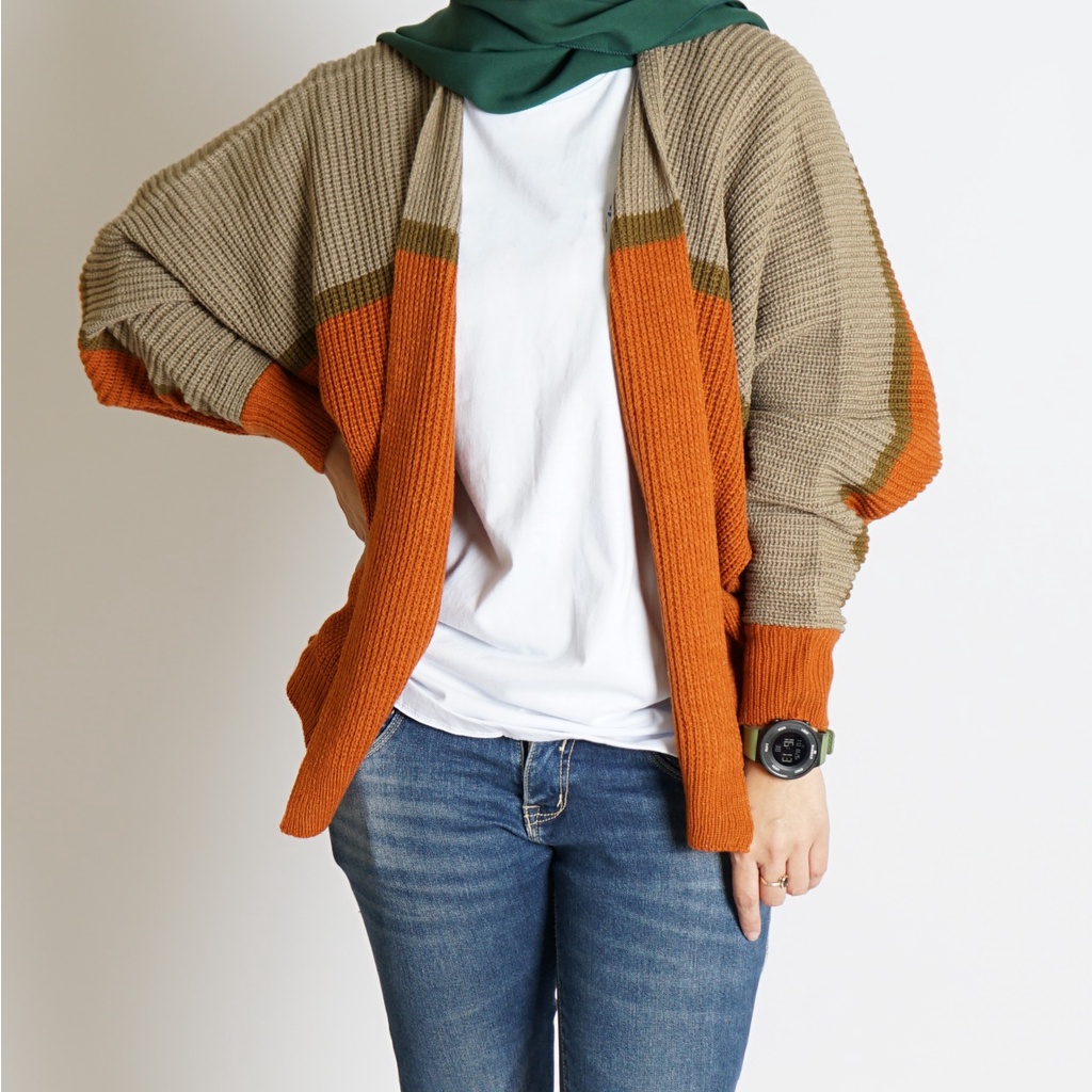 CARDIGAN BATWING RAJUT OVERSIZE PREMIUM / KOMBINASI / KHAKI CORAL STRIP BRONZE