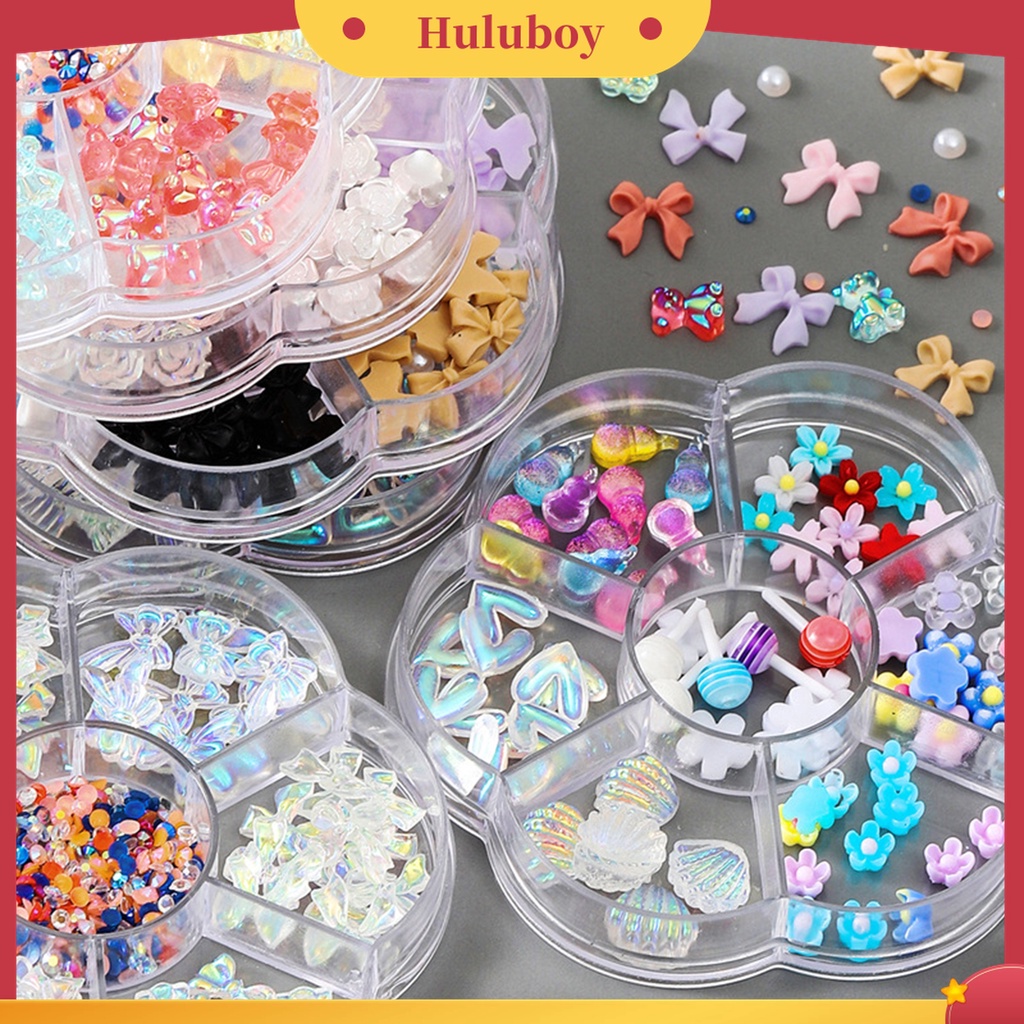 Huluboy Huluboy♡ 1 Kotak Ornamen 3D Bentuk Kartun Beruang Pita Bahan Resin Untuk Nail Art