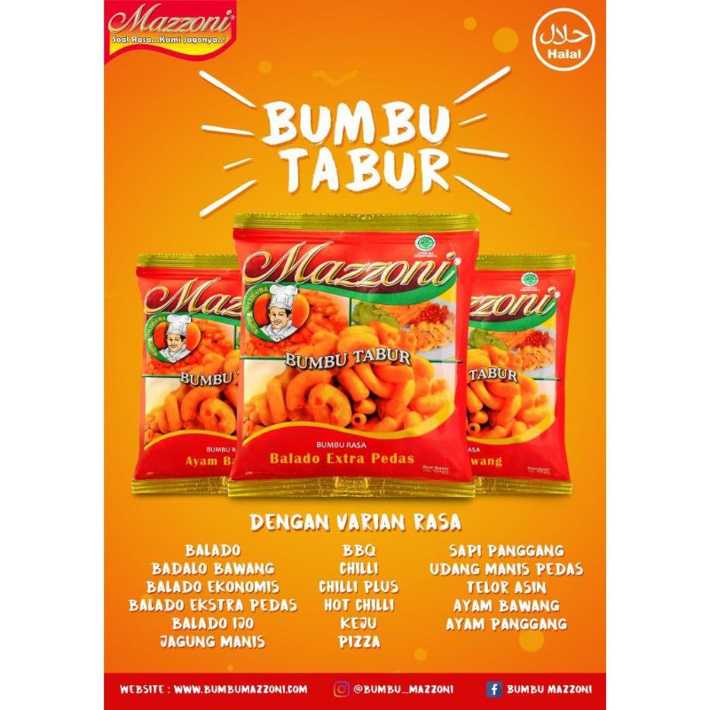 

Bumbu Tabur Mazoni / Mazoni / Bumbu rasa balado / bumbu jagung manis / bumbu jagung bakar / bumbu balado ekstra pedas / bumbu rasa ayam bawang / bumbu rasa keju / Bumbu Tabur murah