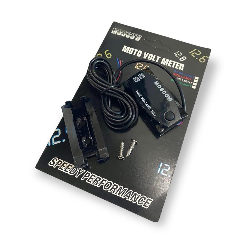 VOLTMETER AKI 2 IN 1 MOSCOW JAM DAN VOLT METER WATER PROOF LED BIRU UNIVERSAL SEMUA MOTOR DAN MOBIL