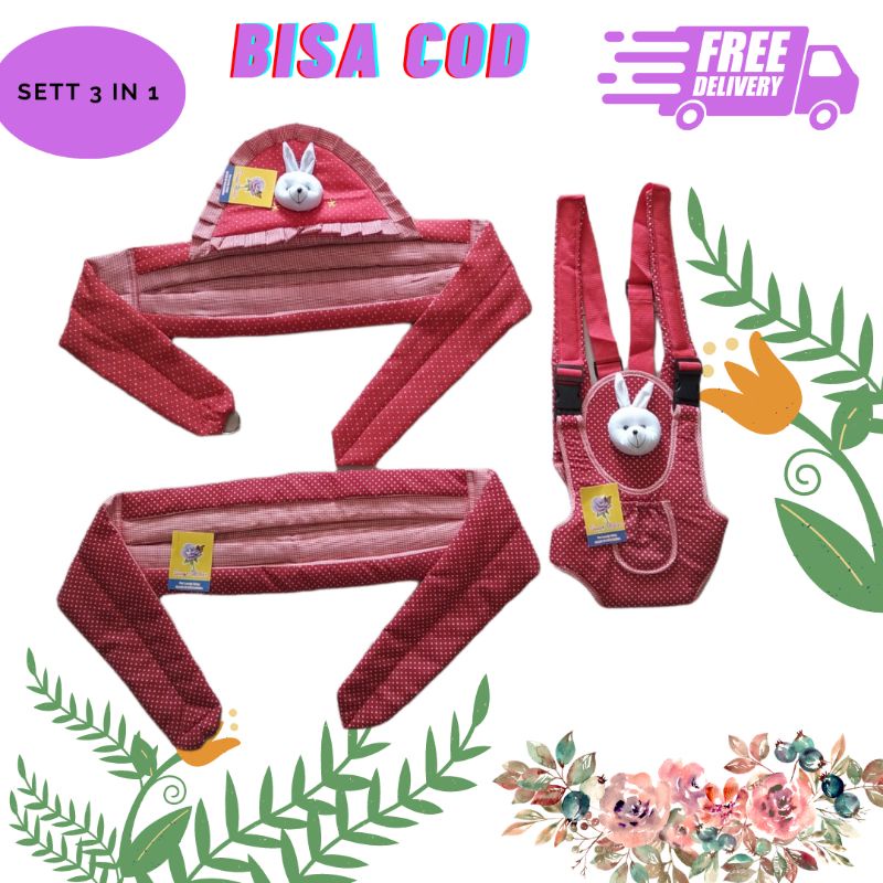 Gendongan baby / gendongan set 3 in 1 termurah/ gendongan samping topi boneka+ samping polos+ ransel boneka