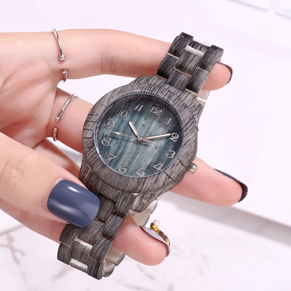 Jam Tangan Kayu Fashion Wanita Korea Casual Model Kaca Bulat Strap Kayu Quartz Analog