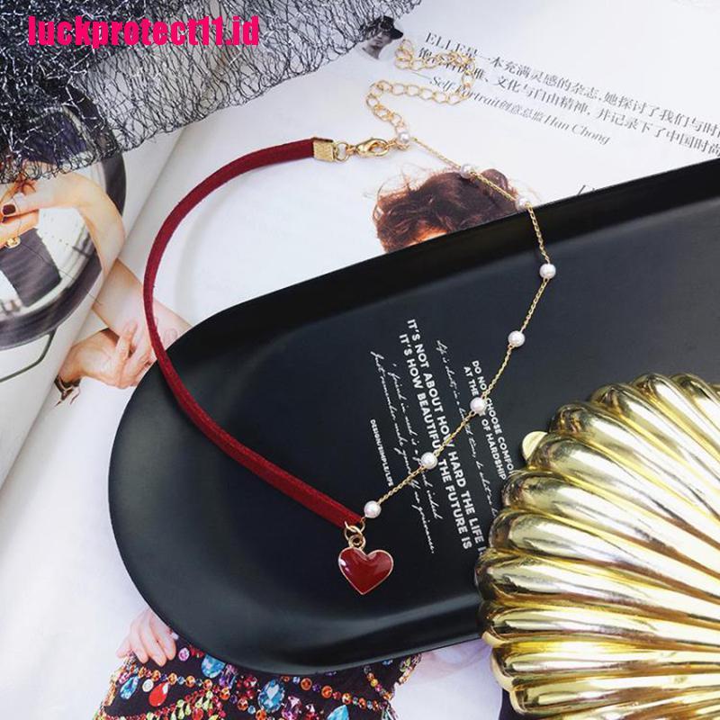 Kalung Choker Bentuk Hati Merah Aksen Mutiara Untuk Wanita