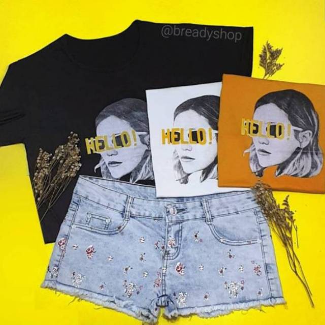 VS - HELLO | Baju Tumblr Tee BAJU Kaos Wanita Lengan Pendek Warna Hitam Putih Mustard