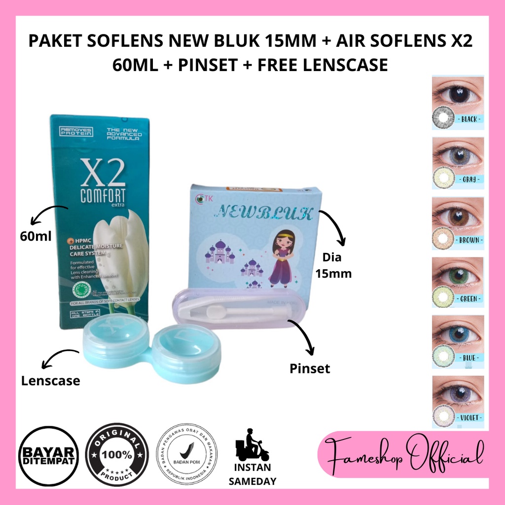 PAKET SOFTLENS NEWBLUK DIA 15MM + CAIRAN X2 60ML + PINSET + LENSCASE / COD INSTAN SAMEDAY / LENSA KONTAK / PAKET MURAH