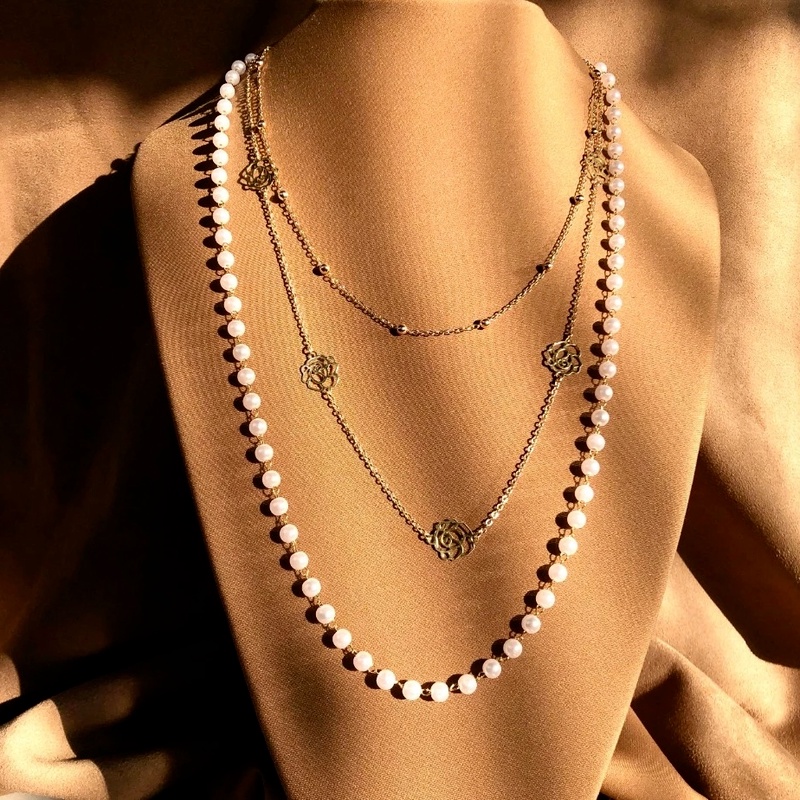 [Kalung Rantai Sweater Wanita Multilayer Mutiara Bunga Mawar Kreatif] [Kalung Rantai Sederhana Logam Vintage Anak Perempuan ] [Kalung Klavikula Fashion Wanita]
