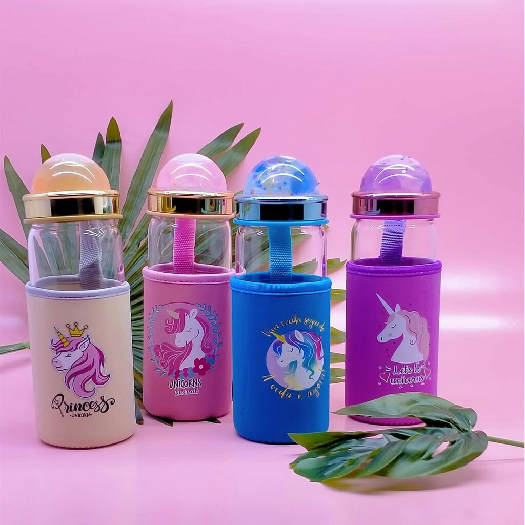 [WS] Botol Minum Kaca Anti Pecah Karakter Unicorn Lucu Untuk Anak/Pelajar-Biru