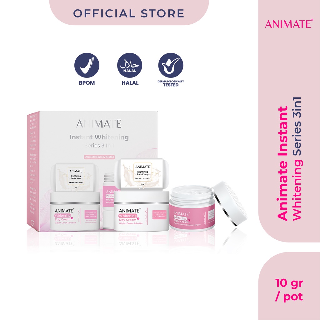 Animate Instant Whitening Series 3in1/ Cream Pemutih Wajah / Paket Skincare Glowing / Krim Wajah / Paket Skincare Pemutih Wajah