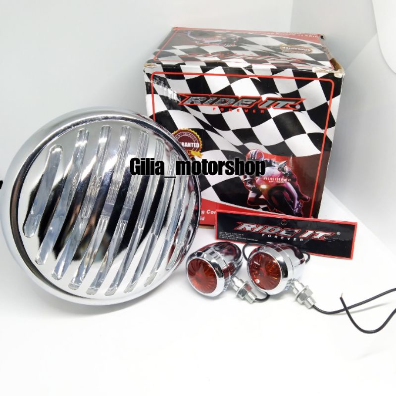 Paket Reflektor Lampu Depan Grill Classic 7Inch Headlamp tralis Chrome ride it Original Universal