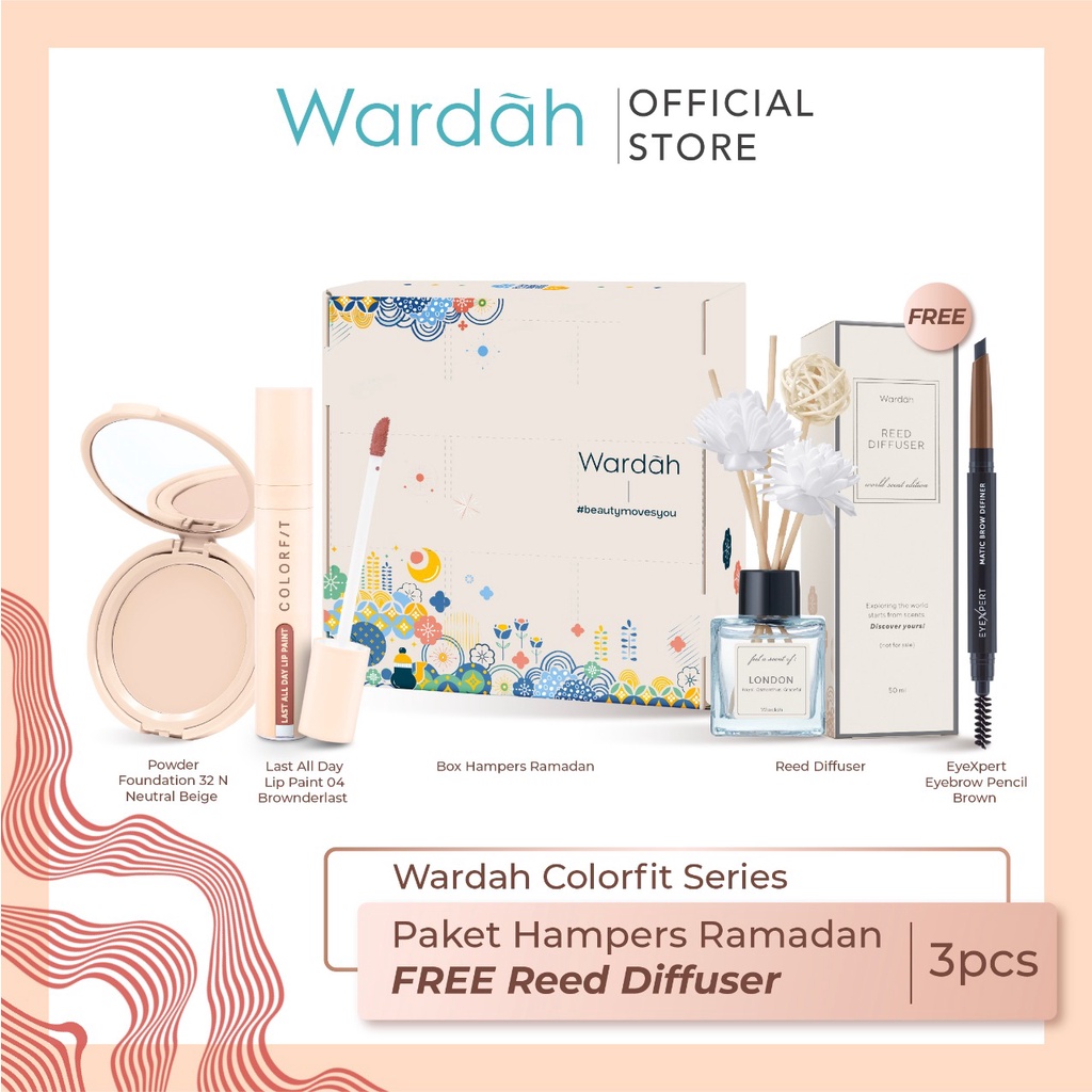 Paket Hampers Ramadan Wardah Colorfit Series (Velvet Powder Foundation, Lip Paint, EyeXpert Eyebrow Pencil Brown)  FREE Reed Diffuser