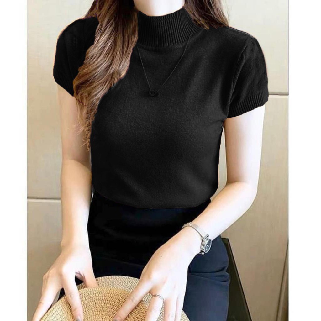 Atasan Rajut Wanita Turtleneck - Kerah Tinggi Lengan Pendek - Knit Premium