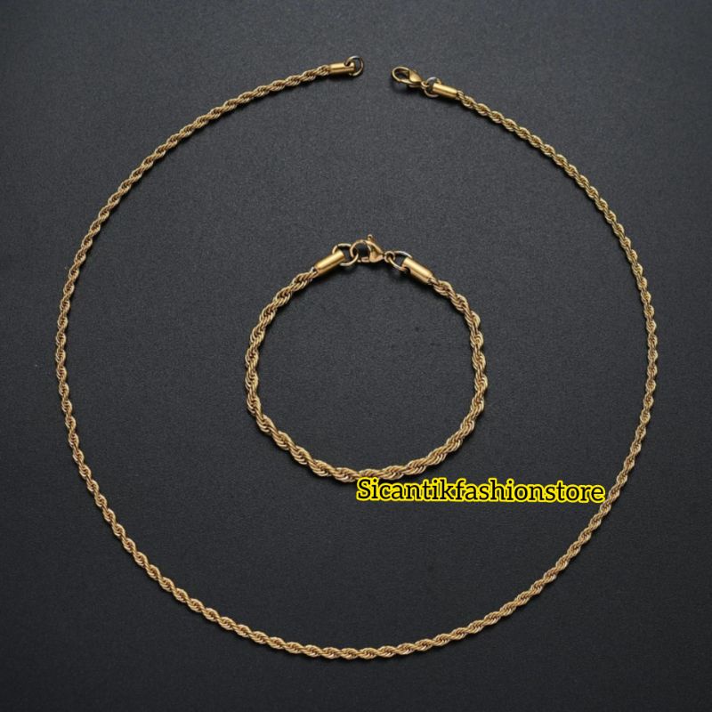 Perhiasan Set Pria Wanita Kalung Titanium Tambang lilit Gold Gelang Tambang lilit Gold Titanium Anti Karat selamanya Terlaris Terbaru Mewah Fashion Pria Wanita