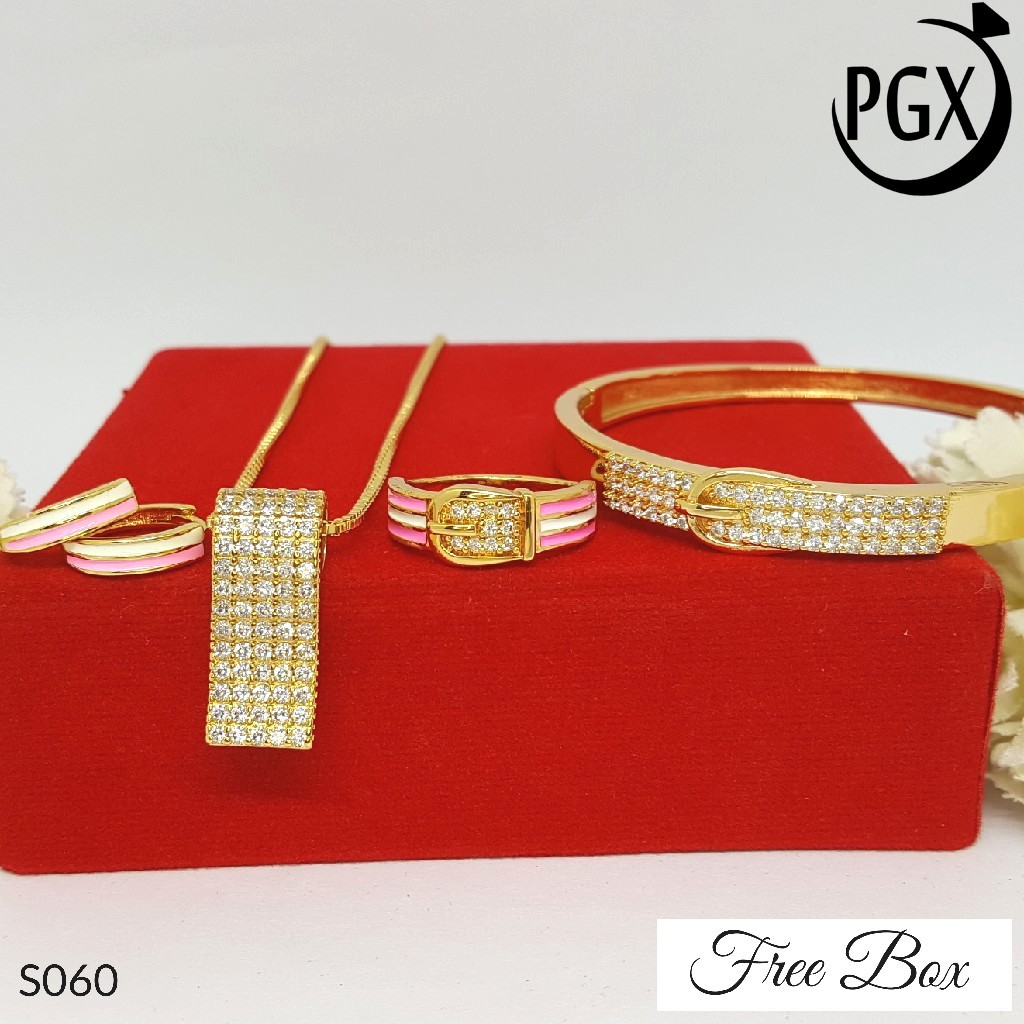 PGX Set Perhiasan Xuping Cincin Gelang Kalung Anting Lapis Emas - S060