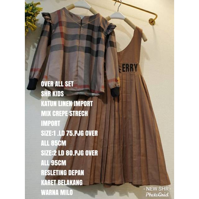 100% ORI SHR overall set kids anak motif burberry milo import syahira plisket prisket