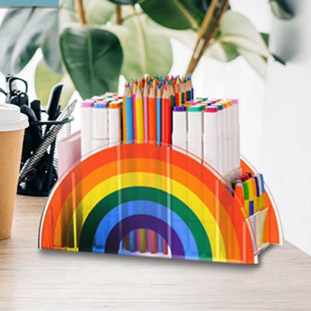 Lanfy Tempat Pulpen Kantor Sekolah Rainbow Acrylic 5kompartemen Rak Kuas Makeup